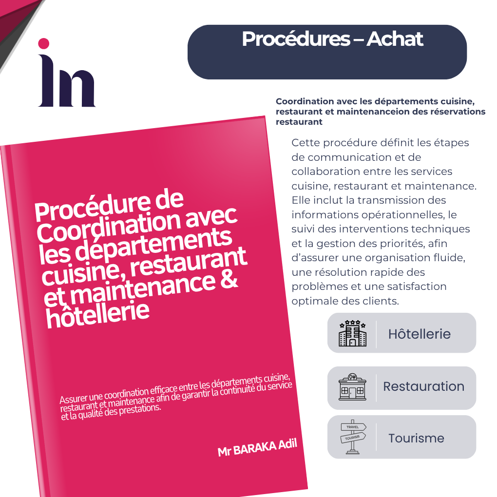 Procédure de coordination avec les départements cuisine, restaurant et maintenance en hôtellerie