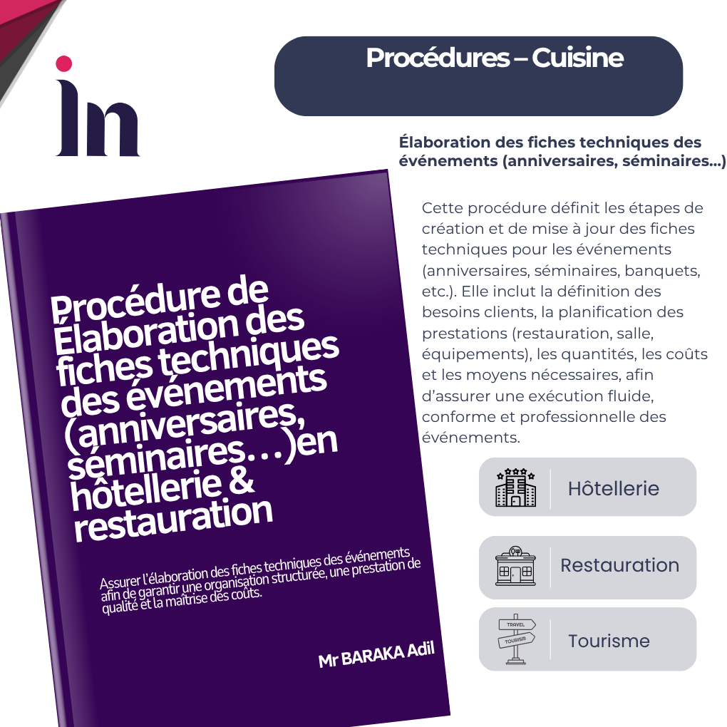 Procédure d'élaboration des fiches techniques des événements (anniversaires, séminaires…) en hôtellerie & restauration